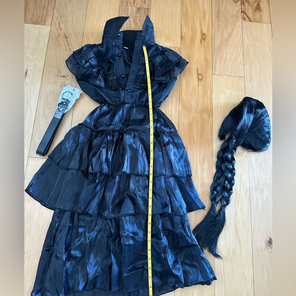 NEW Girls Black Ruffled Dress/ Halloween Costume with Wig & Belt NWT
